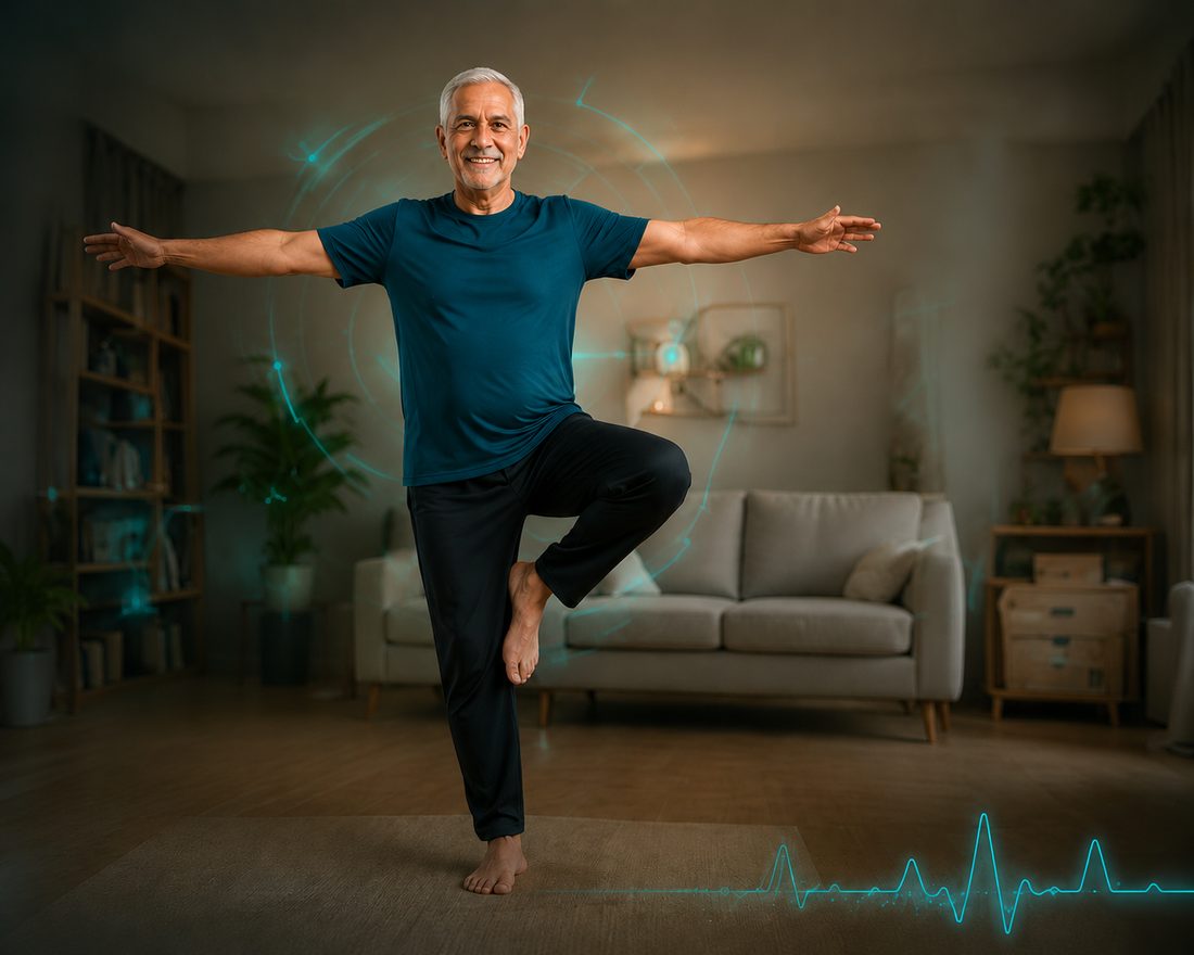 Senior in tree pose balance exercise at home with Aarolife