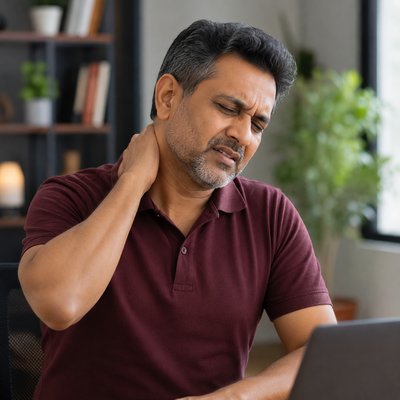 Cervical pain — patient holding the back of the neck while working at a laptop
