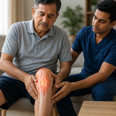 Knee replacement recovery — specialist examining a patient's knee joint