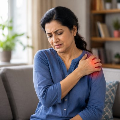 PA shoulder — patient holding shoulder at the site of pain