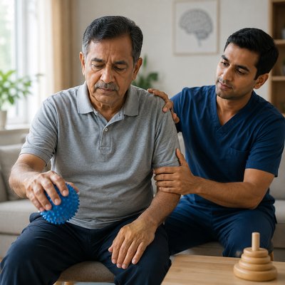 Parkinson's care — patient practicing hand tremor exercises with a specialist