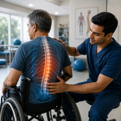 Spinal cord recovery — specialist assisting a wheelchair user with back support
