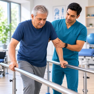 Stroke recovery — specialist assisting a patient with guided walking exercises
