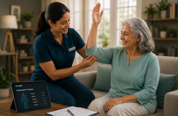 Aarolife specialist giving a senior woman a high-five during her assessment
