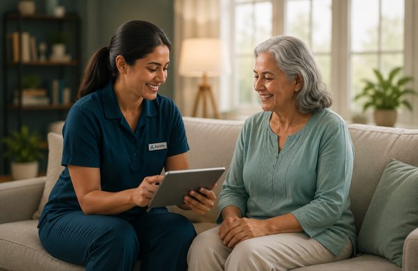 Aarolife specialist reviewing details with a senior woman at home