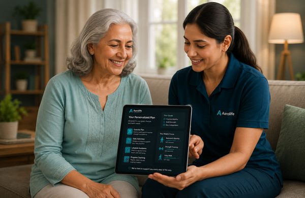 Aarolife specialist showing a senior woman her personalized care plan