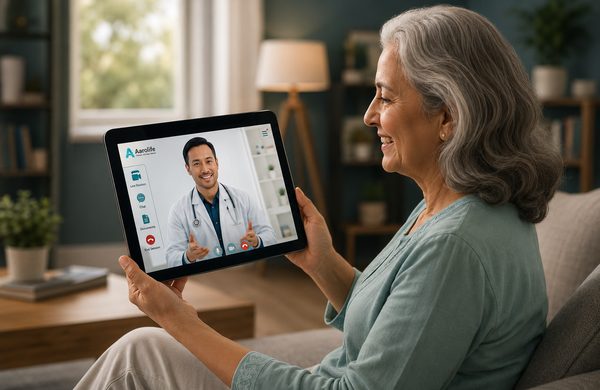 Senior woman having a virtual health session with an Aarolife doctor via tablet