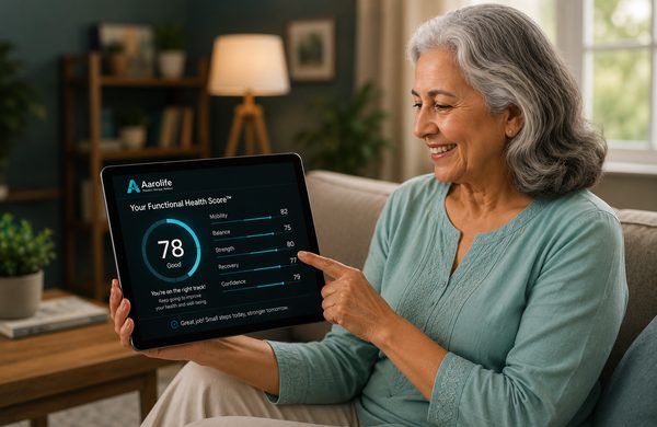 Senior woman pointing to her Functional Health Score on a tablet