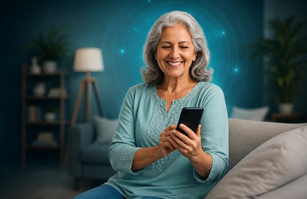 Senior woman smiling while booking her Aarolife health assessment on her phone