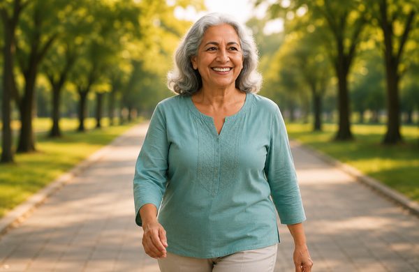 Senior woman walking confidently outdoors as part of her Aarolife progress